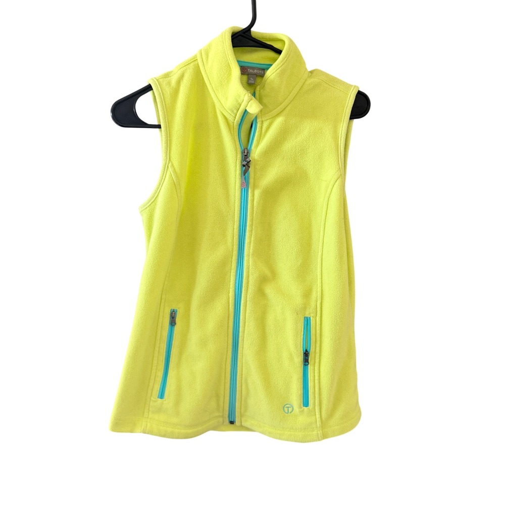 Talbots Womens Petite Small Neon Lime Yellow Full Zip Fleece Vest Outdoor